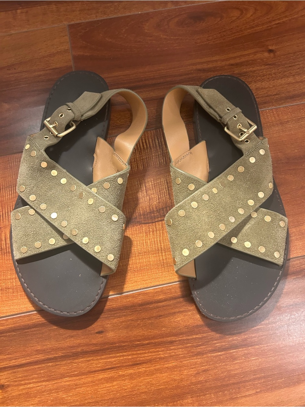 Madewell Olive Green Studded Cross-Strap Sandals